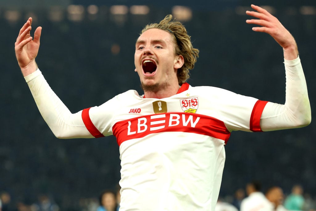 Nick Woltemade celebrates Stuttgart's victory in the DFP Cup Final in 2025.