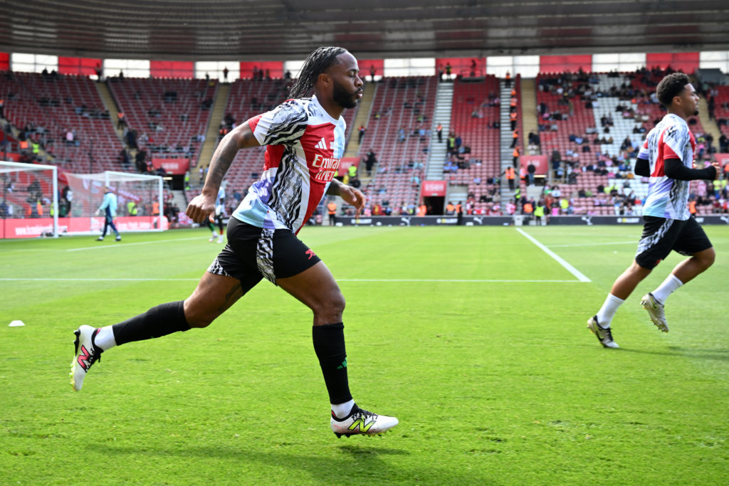 Raheem Sterling in action during the warm-up before Southampton FC v Arsenal FC in the Premier League clash.