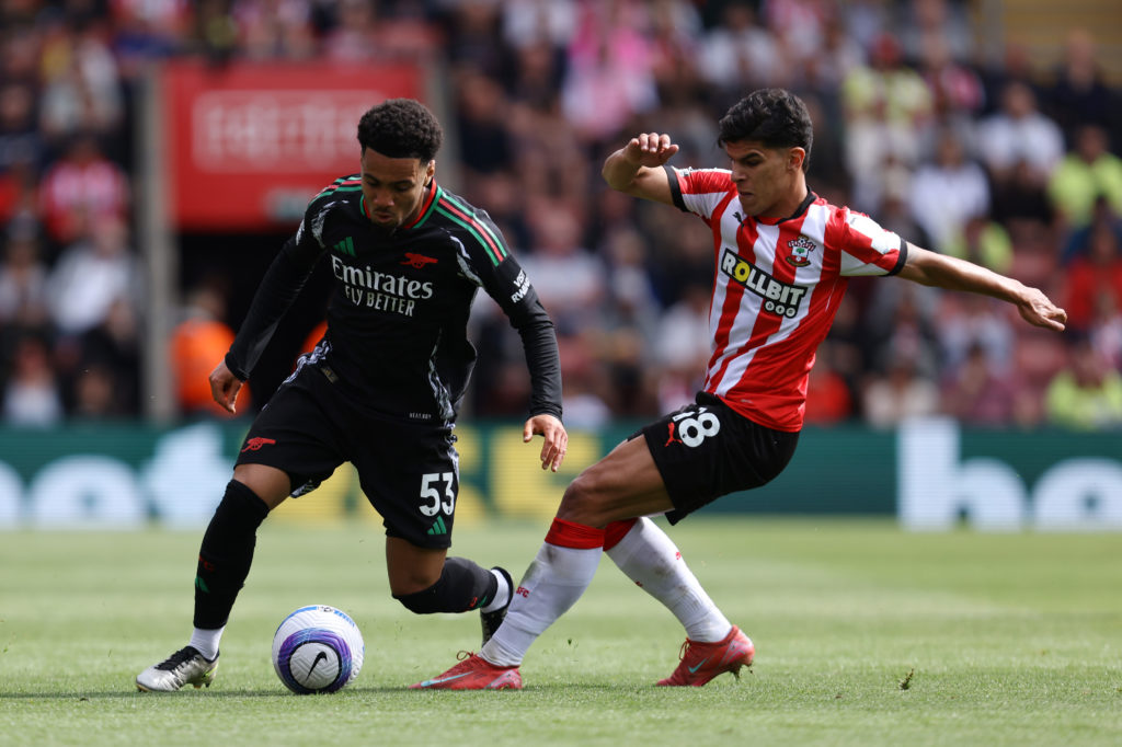 Ethan Nwaneri in action during Southampton FC v Arsenal FC in the Premier League clash.