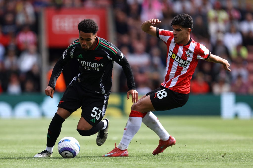 Ethan Nwaneri in action during Southampton FC v Arsenal FC in the Premier League clash.
