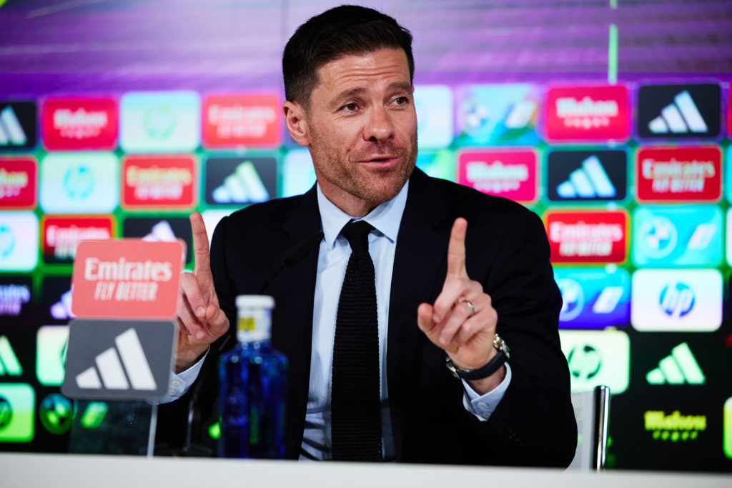 Xabi Alonso looks on during his Real Madrid press conference