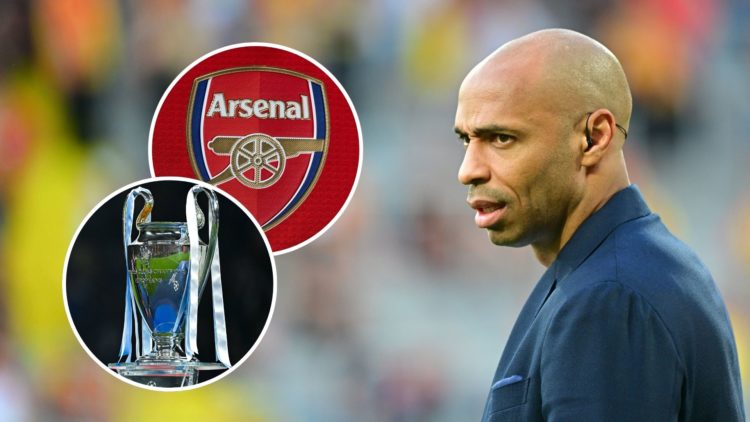 A split image featuring Thierry Henry, the Arsenal badge and a general view of the Champions League trophy.