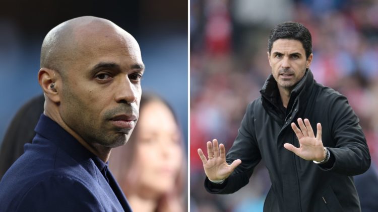 Split Image of Former soccer player and current tv pundit Thierry Henry looks on during the CONCACAF Nations League Championship Final between Pana...