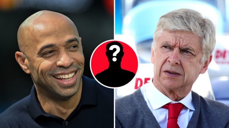 Split Image of CBS Sports soccer announcer Thierry Henry prior to the United States playing Canada, Arsenal manager Arsene Wenger looks on during t...