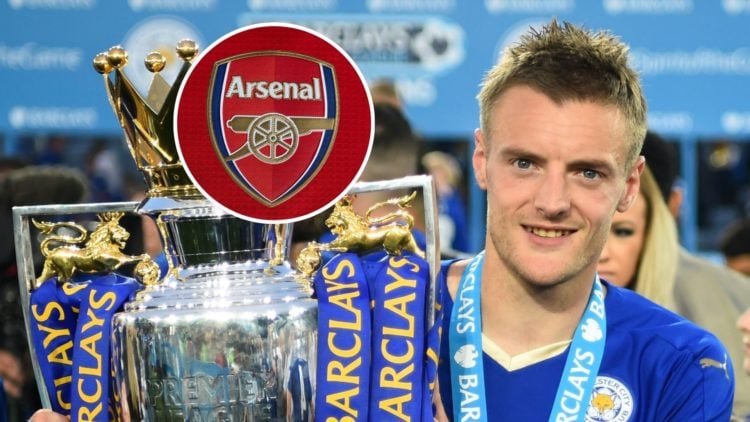 Main: Jamie Vardy holding the Premier League trophy for Leicester City at the end of the 2015/16 season. Inset: the Arsenal badge.