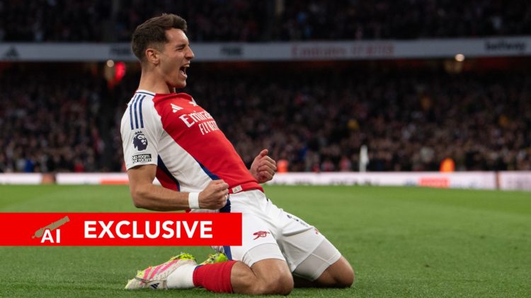 An image featuring Arsenal star Jakub Kiwior celebrating during a game.