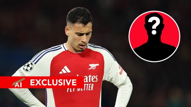 A split image featuring Arsenal star Gabriel Martinelli and a mystery player.