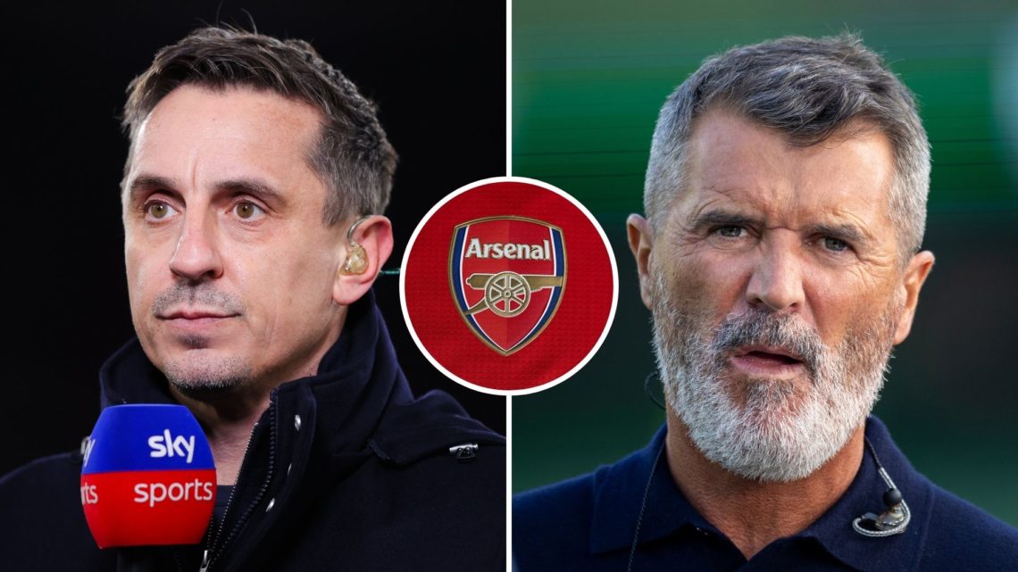 Split Image of: Sky Sports pundit Gary Neville prior to the Premier League match between West Ham United and Brentford, Former footballer Roy Keane...