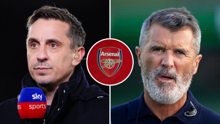 Split Image of: Sky Sports pundit Gary Neville prior to the Premier League match between West Ham United and Brentford, Former footballer Roy Keane...