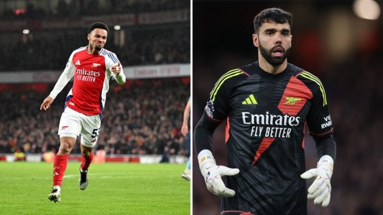 Split Image of Ethan Nwaneri of Arsenal celebrates scoring his team's third goal during the Premier League match between Arsenal FC and Nottingham ...