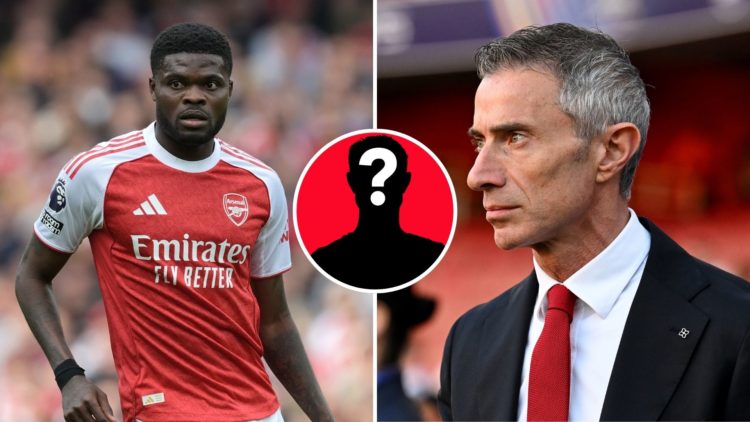 A split image featuring Thomas Partey during an Arsenal match and Andrea Berta the sporting director looking on.