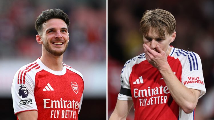 Split Image of Declan Rice of Arsenal during the Premier League match between Arsenal FC and Newcastle United, Martin Odegaard of Arsenal reacts du...