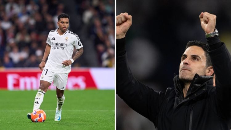 Split Image of: Rodrygo Goes of Real Madrid CF with the ball during the LaLiga EA Sports match between Real Madrid CF and Athletic Club, Mikel Arte...