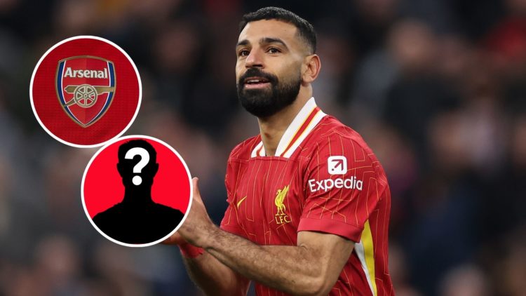 Image of Mohamed Salah of Liverpool reacts during the Premier League match between Liverpool FC and Brighton Insets of a mystery player, A detailed...