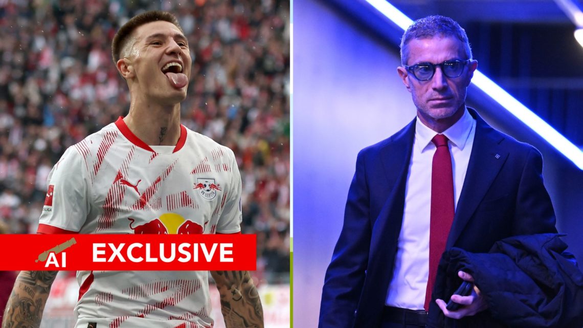 A split image featuring Benjamin Sesko and Arsenal sporting director Andrea Berta