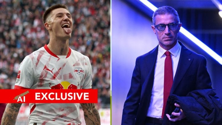 A split image featuring Benjamin Sesko and Arsenal sporting director Andrea Berta