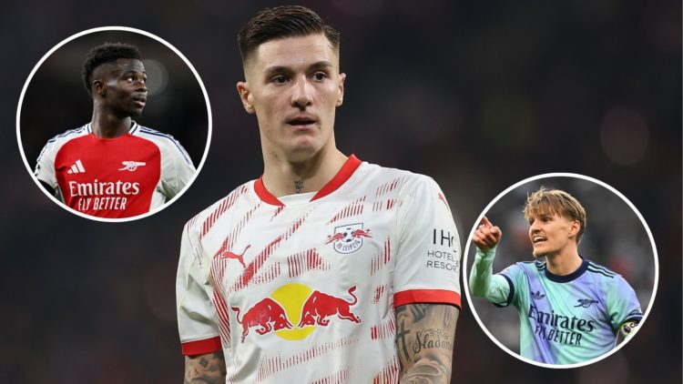 Image of Benjamin Sesko of RB Leipzig looks on during the DFB Cup quarterfinal match between RB Leipzig and VfL Wolfsburg, Inset of Bukayo Saka of ...