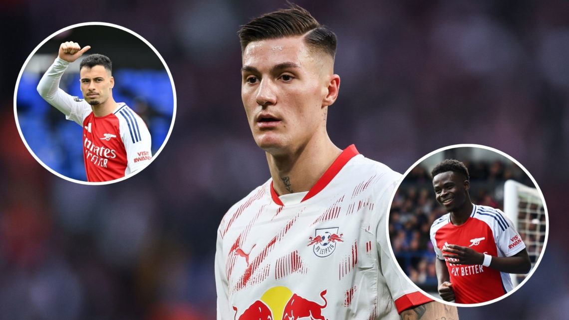 Image of Benjamin Sesko of RB Leipzig looks on during the Bundesliga match between RB Leipzig and SV Werder Bremen, Insets of Bukayo Saka of Arsena...