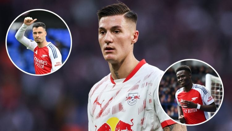 Image of Benjamin Sesko of RB Leipzig looks on during the Bundesliga match between RB Leipzig and SV Werder Bremen, Insets of Bukayo Saka of Arsena...
