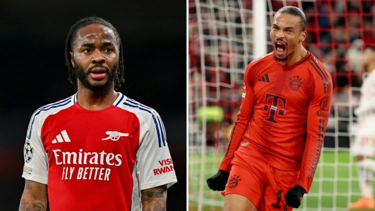 Split Image of Raheem Sterling of Arsenal looks on during the UEFA Champions League 2024/25 Round of 16 Second Leg match between Arsenal FC and PSV...