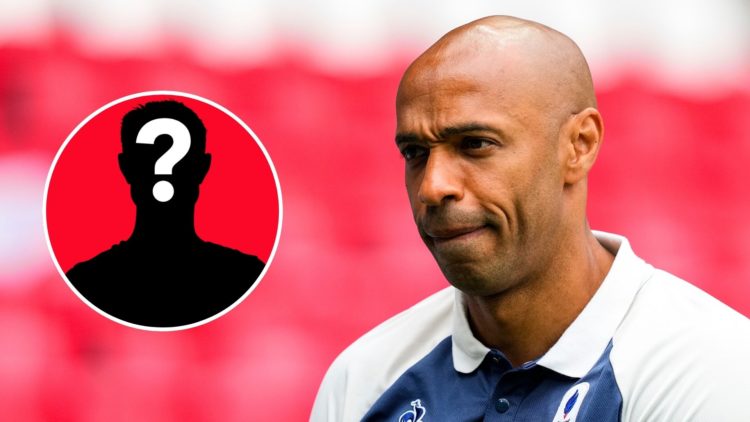 A split image featuring a mystery player next to Arsenal icon Thierry Henry looking on during an Olympics match.