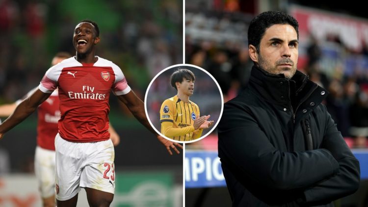 Split Image of Danny Welbeck celebrates scoring Arsenal's goal during the UEFA Europa League Group E match between Sporting CP and Arsenal, Mikel A...