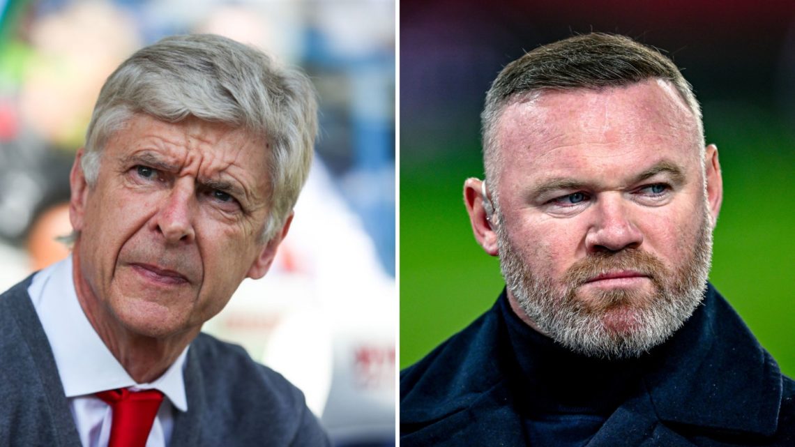 Split Image of: Arsene Wenger head coach / manager of Arsenal during the Premier League match between Huddersfield Town and Arsenal, Wayne Rooney p...