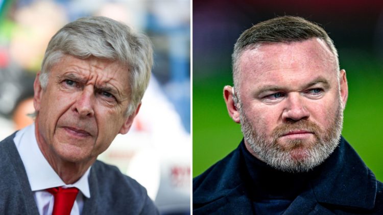 Split Image of: Arsene Wenger head coach / manager of Arsenal during the Premier League match between Huddersfield Town and Arsenal, Wayne Rooney p...