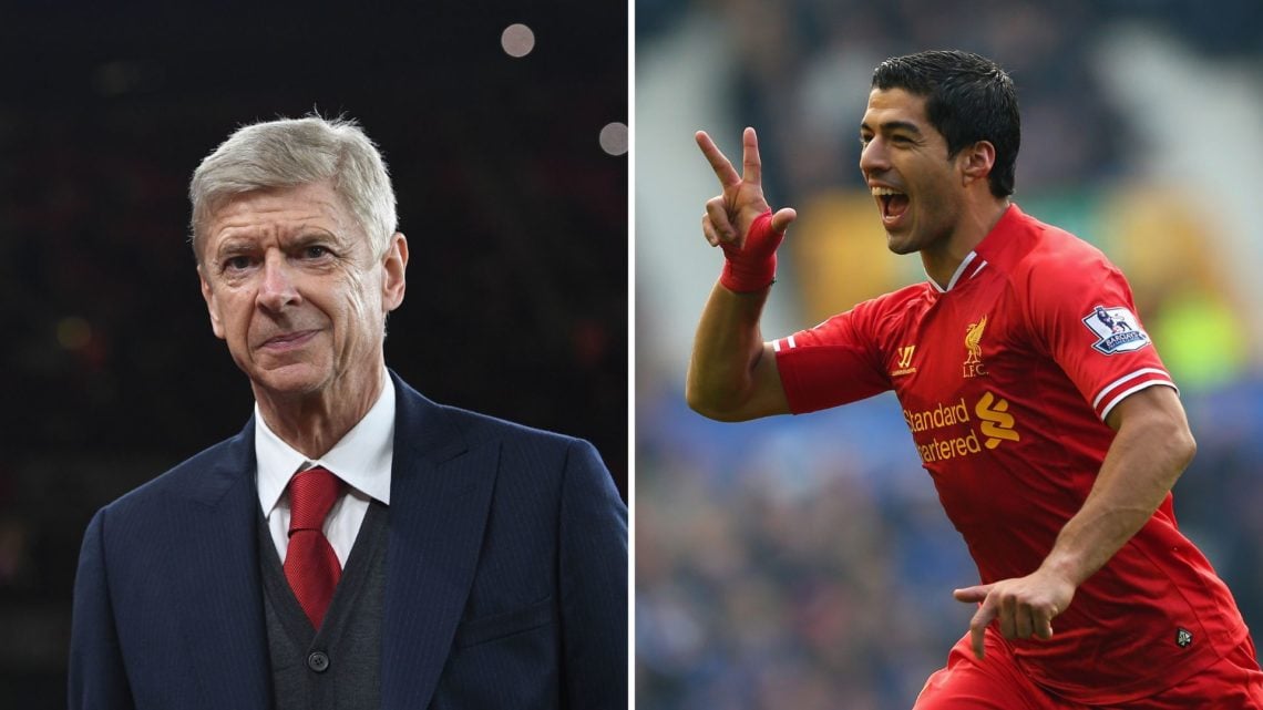 Split Image of: Arsene Wenger looks on during an Arsenal match, Luis Suarez of Liverpool celebrates scoring his team's second goal during the Barcl...