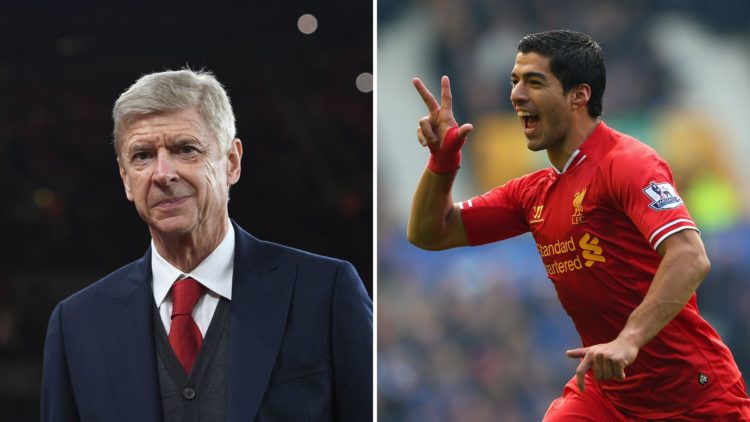 Split Image of: Arsene Wenger looks on during an Arsenal match, Luis Suarez of Liverpool celebrates scoring his team's second goal during the Barcl...