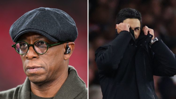 Split Image of: Ian Wright, looks on prior to the Women's international friendly between England and the USA, Mikel Arteta manager / head coach of ...