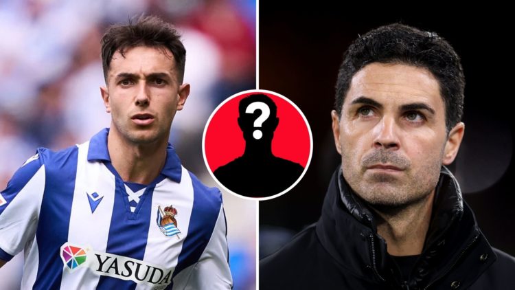 Split Image of Martin Zubimendi of Real Sociedad looks on during the LaLiga match between Real Sociedad and RCD Mallorca, Mikel Arteta, Manager of ...