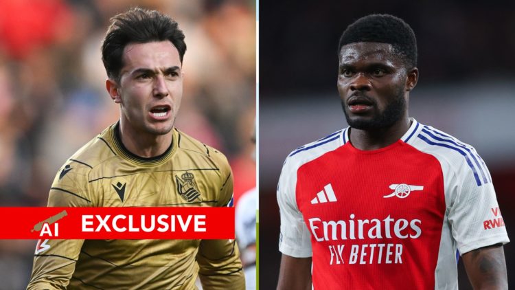 A split image featuring Real Sociedad's Martin Zubimendi and Arsenal midfielder Thomas Partey.