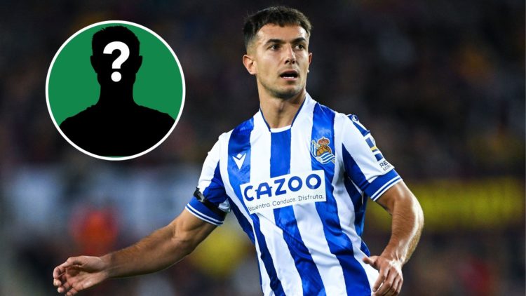 Image of: Martin Zubimendi of Real Sociedad looks on during the LaLiga Santander match between FC Barcelona and Real Sociedad Inset of: A mystery p...