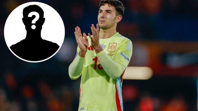 Martin Zubimendi of Spain thanks the fans during the UEFA Nations League quarterfinal leg one match between Netherlands and Spain, with inset of my...
