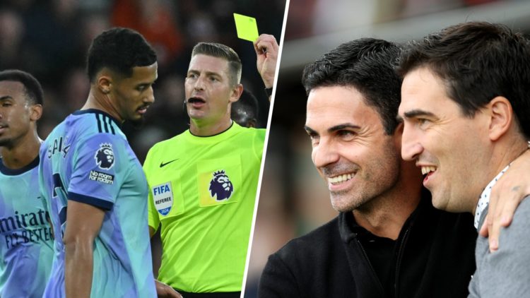 William Saliba is shown a yellow card which was later changed to red following a VAR check by referee Robert Jones in Bournemouth vs Arsenal (L), M...