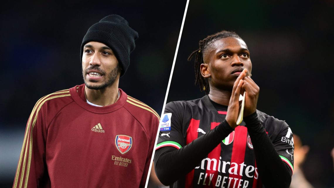 Split image of (L) Pierre-Emerick Aubameyang during a warm-up session before an Arsenal game and (R) Rafael Leao applauding the fans after an AC Mi...