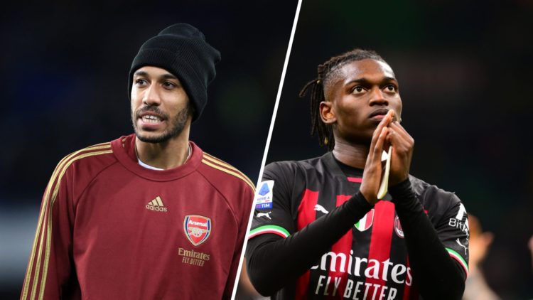Split image of (L) Pierre-Emerick Aubameyang during a warm-up session before an Arsenal game and (R) Rafael Leao applauding the fans after an AC Mi...