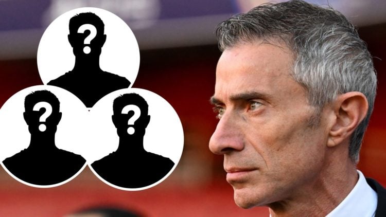 Image of Arsenal sporting director Andrea Berta looking on at the Emirates Stadium with insets of three mystery players