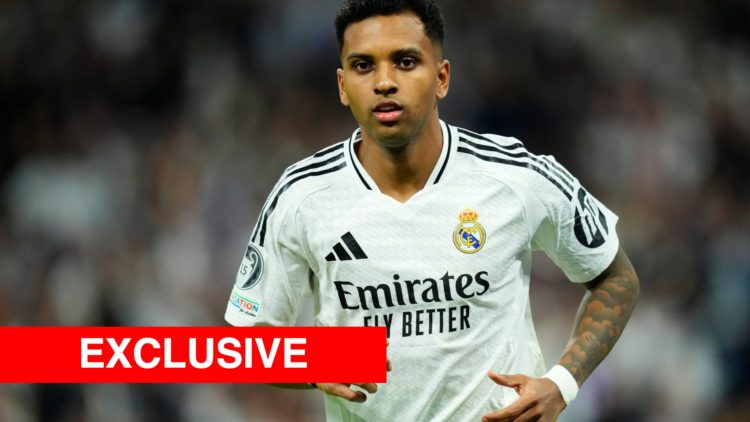 Rodrygo runs down the wing for Real Madrid against Arsenal in the Champions League, with Arsenal Insider Exclusive banner.