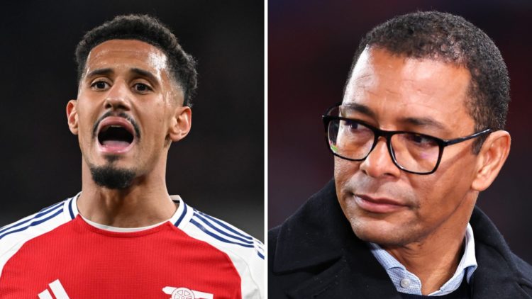 Left: William Saliba playing for Arsenal in the Premier League against Fulham. Right: Gilberto Silva working as a pundit for England vs Brazil at W...