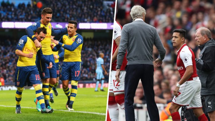 Santi Cazorla of Arsenal celebrates with Olivier Giroud and Alexis Sanchez as he scores their first goal from a penalty during the Barclays Premier...