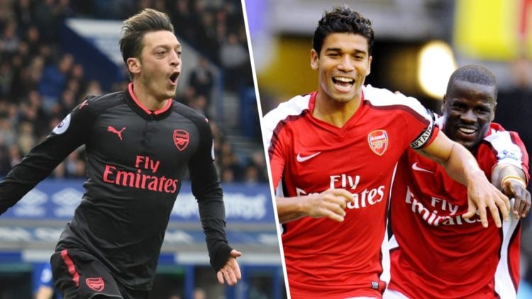 Mesut Ozil scoring for Arsenal against Everton at Goodison Park in 2017. Eduardo and Emmanuel Eboue celebrating after Eduardo's goal against Everto...