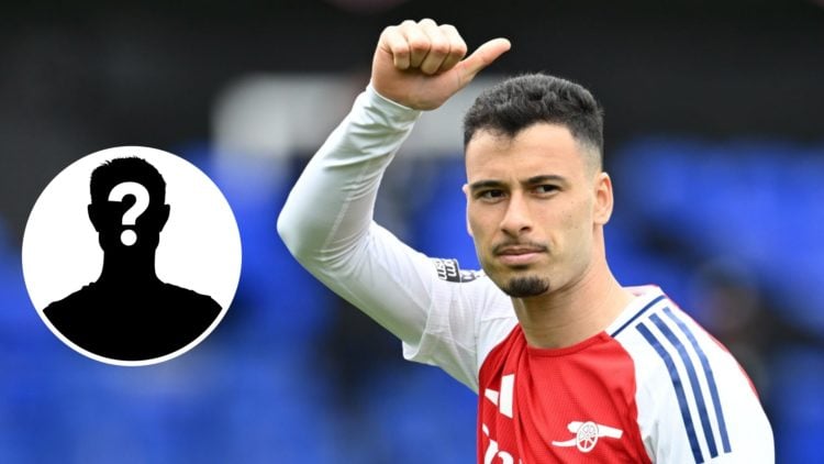 Image of Arsenal star Gabriel Martinelli showing a thumbs-up with an inset of a mystery player