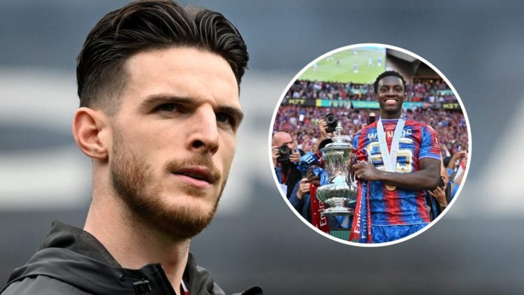 Declan Rice prior to the Premier League match between Ipswich Town and Arsenal with inset of Eddie Nketiah celebrating with the trophy after winnin...
