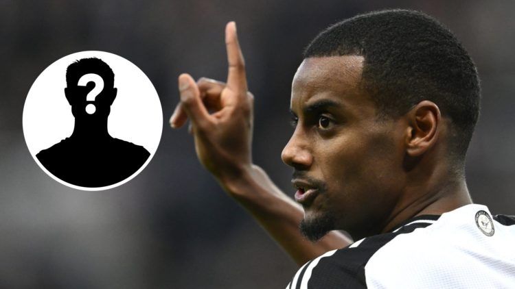 Alexander Isak reacts during the Premier League match between Newcastle United and Aston Villa with mystery icon inset.