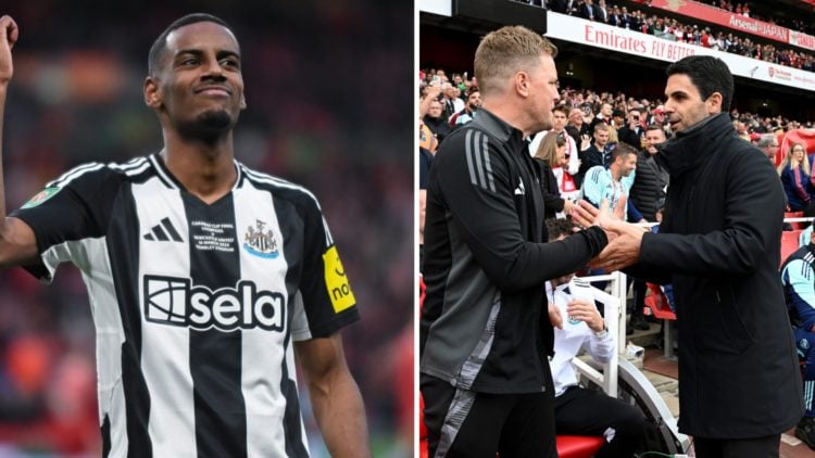 Alexander Isak of Newcastle United celebrates a goal in the FA Cup (left), Mikel Arteta and Eddie Howe shake hands (right)