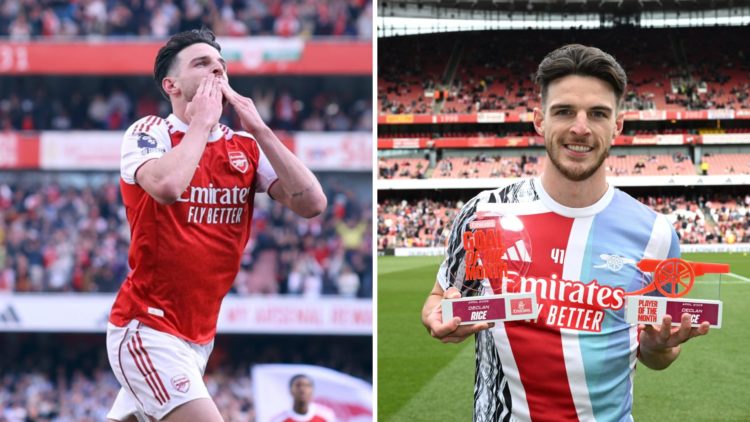 Declan Rice of Arsenal celebrates goal vs Newcastle (left), Declan Rice poses with goal and player of the month award