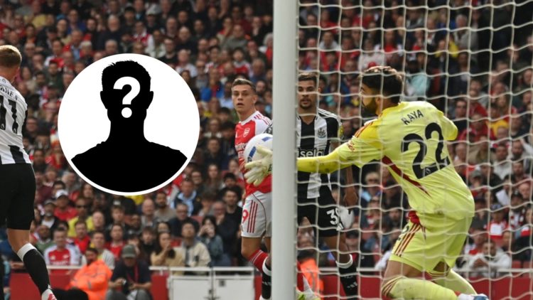 David Raya saves a header during the Premier League match between Arsenal and Newcastle United with mystery icon inset.