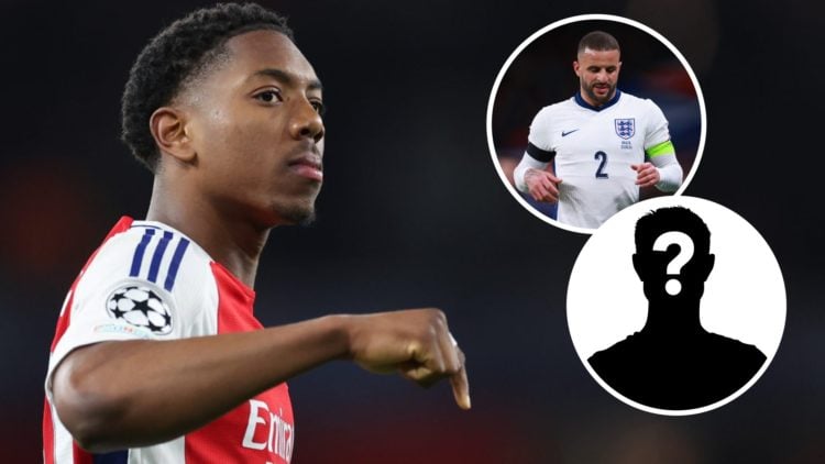 Image of Myles Lewis-Skelly during an Arsenal game with insets of Kyle Walker playing for England and a mystery player